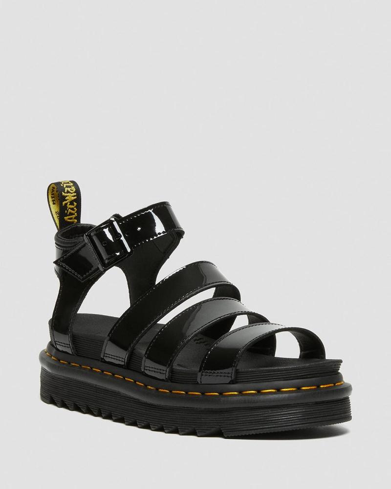 Black Women\'s Dr Martens Blaire Patent Leather Gladiator Sandals | CA 294TCE